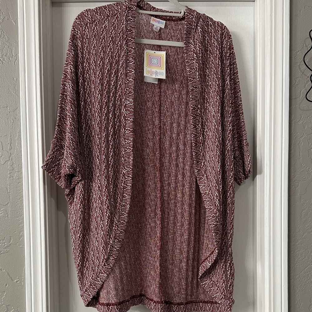LuLaRoe Tracy Cocoon Maroon and White Open-Front Knit Cardigan